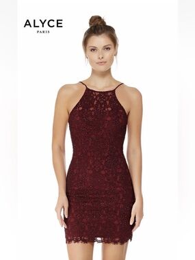 Alyce Paris Wine Lace Halter Mini Dress